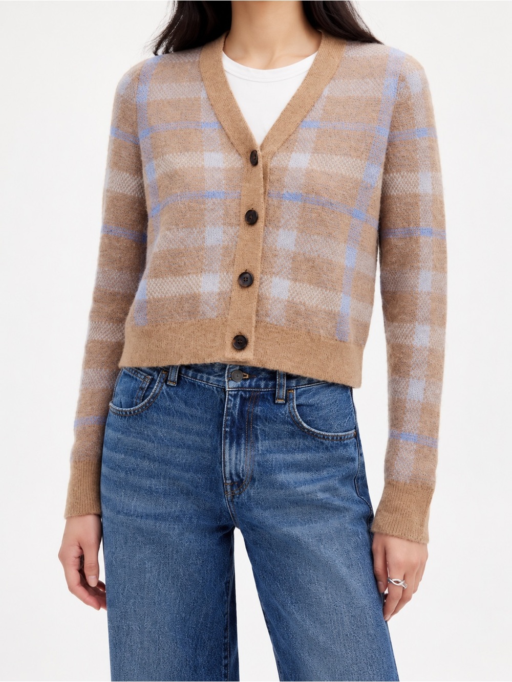 Madewell Alpaca Blend Plaid Cropped Cardigan Warm Camel Blue Size S